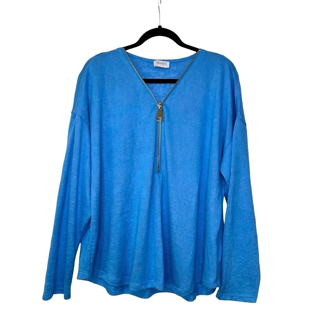 Carmen Marc Valvo Women’s Blue XL Knit Front Statement Zipper Sweater